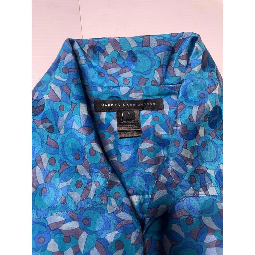 Marc By Marc Jacobs Silk Blend Floral Print Cap Sleeve Shirt Dress Blue 4 Tie - Picture 7 of 9